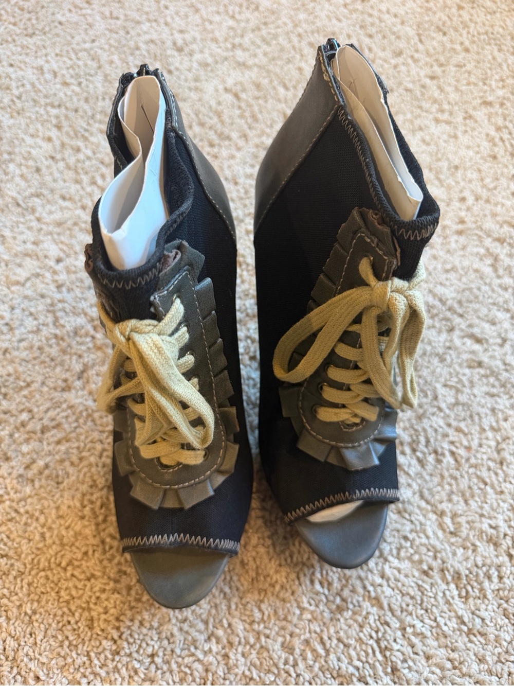 Betsey Johnson Black and Olive Lace-Up Peep Toe Wedge Booties